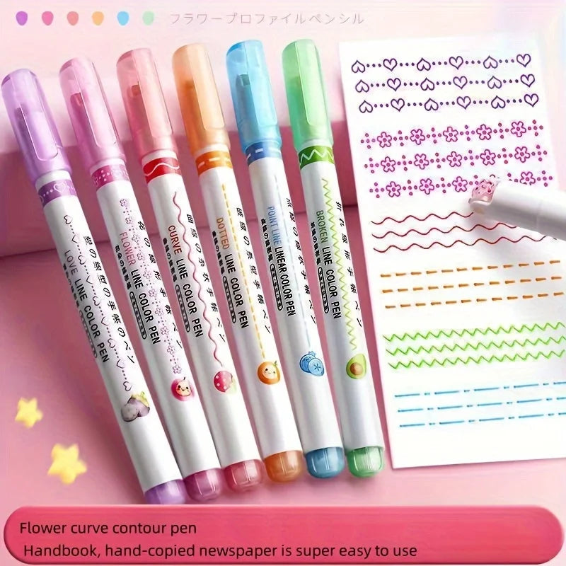 6Pcs/Set Kawaii Flower Line Shape Highlighter Pen Roller Tip Curve Liner Marker Kawaii Korean Stationery School Office Supplies