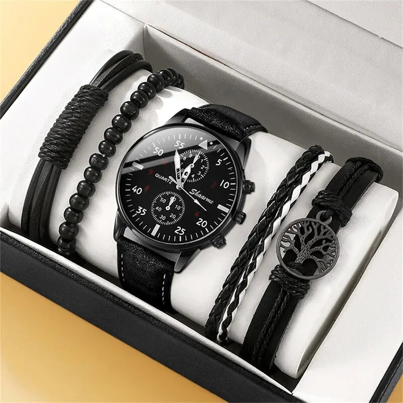 Luxury Men's Watch & Bracelet Set - Brown Leather Quartz Wristwatch with Gift Box