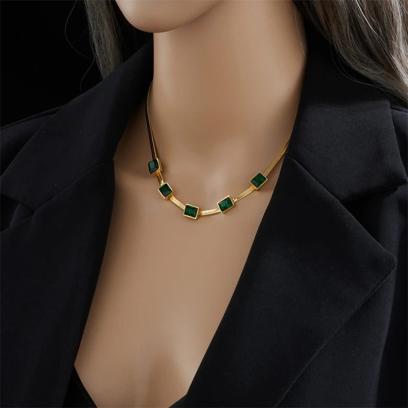 DIEYURO 316L Stainless Steel Square Luxury Green Crystal Necklace Bracelets For Women Girl Fashion Non-fading Jewelry Set Bijoux