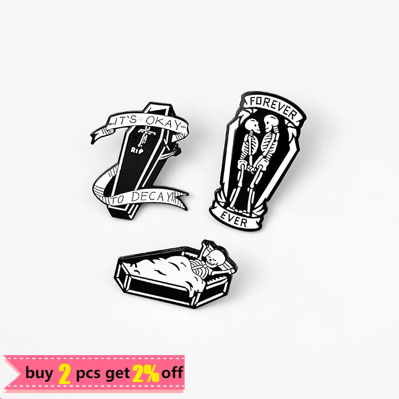 Let's Hide Enamel Pin Badge Custom Stay In Coffin Brooch Lapel Jeans Shirt Dark Halloween Skeleton Jewelry Gift Friend Wholesale