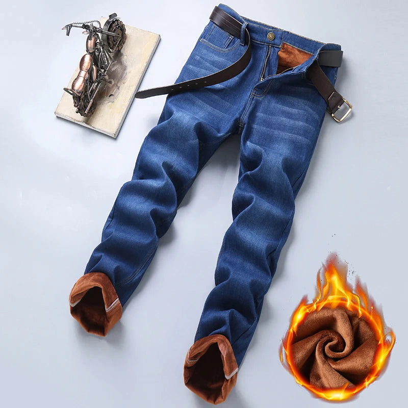 2025 Winter New Casual Men's Warm Fleece Jeans Classic Style Business Thicken Fur Regular Fit Denim Pants Brand Plush Trousers