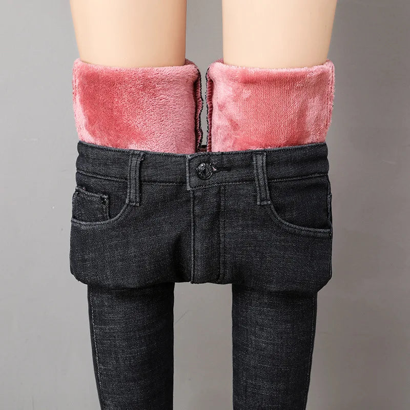 Thermal Jeans Winter Snow Warm Plush Stretch Jeans Lady Skinny Thicken Fleece Denim Long Pants Retro Pencil Trousers