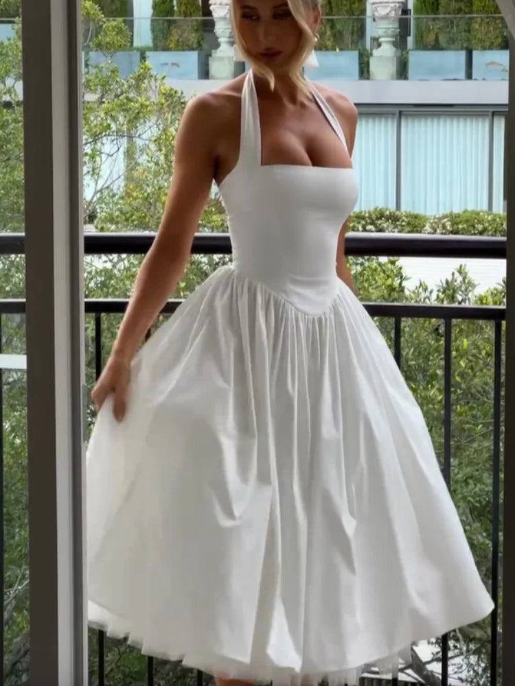 Elegant Solid High Waist Pleated A-line Dress Women Sexy Backless Sleeveless Slim Halter Dresses 2025 New Street Party Vestidos