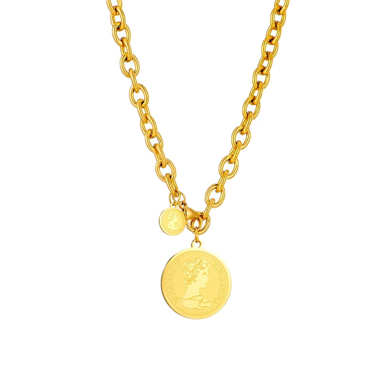 DIEYURO 316L Stainless Steel Gold Color Hip Hop Round Portrait Coin Necklace For Women Men Fashion Trend Girl Jewelry Gift Joyas