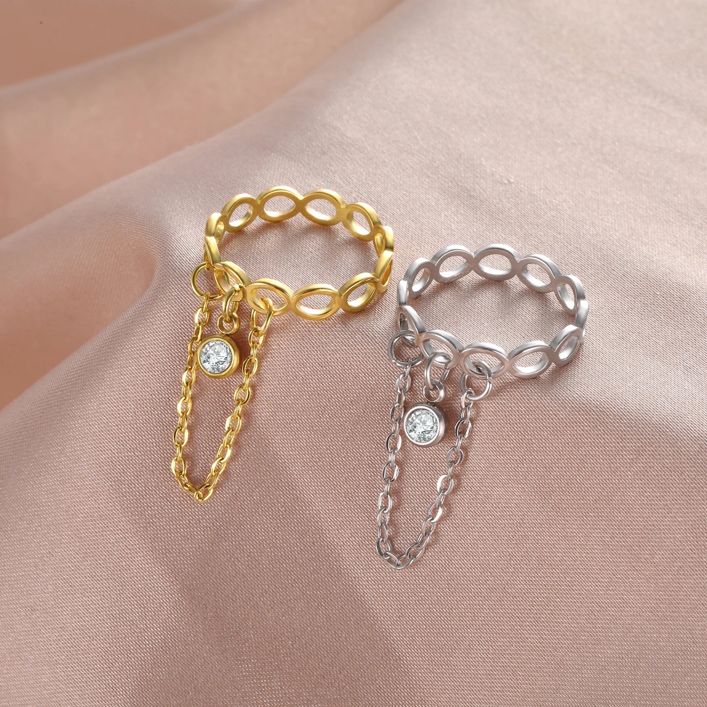 Stainless Steel Infinity & Geometric Couple Rings with Round Pendant - Engagement Jewelry Gift