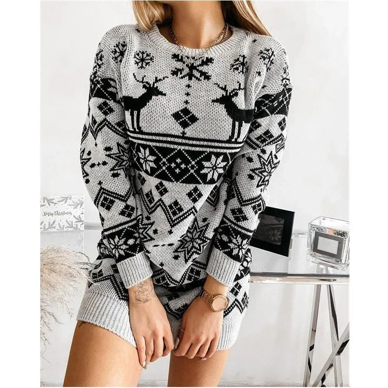 Christmas Moose Print Women's Sweater Dress Full Sleeve O Neck Casual Jumper Knitting Dresses Soft Warm Vestidos Xmas Party Wear