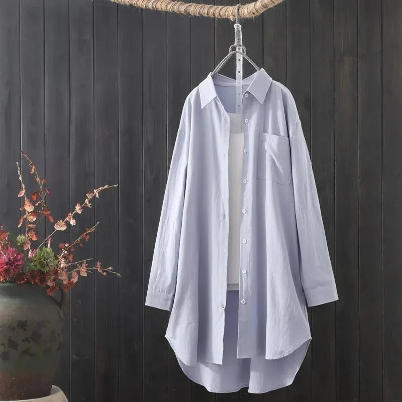 Long Shirts Lady Loose Breathable Midi Shirt and Blouse