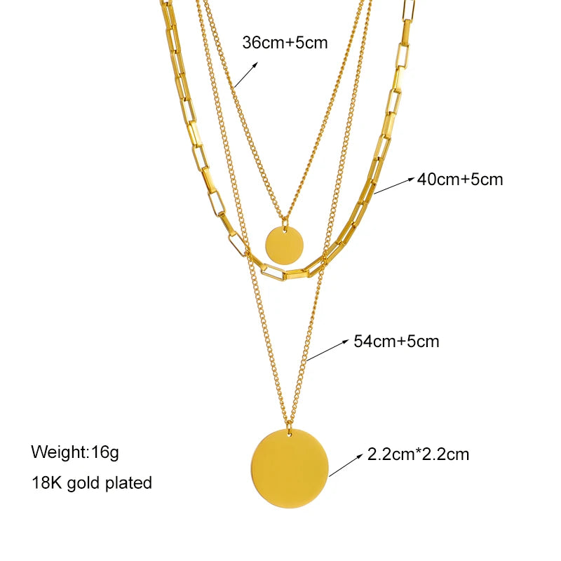 DIEYURO 316L Stainless Steel Gold Color 3in1 Round Pendant Necklace For Women Fashion Girls Multilayer Chain Neck Jewelry Gift