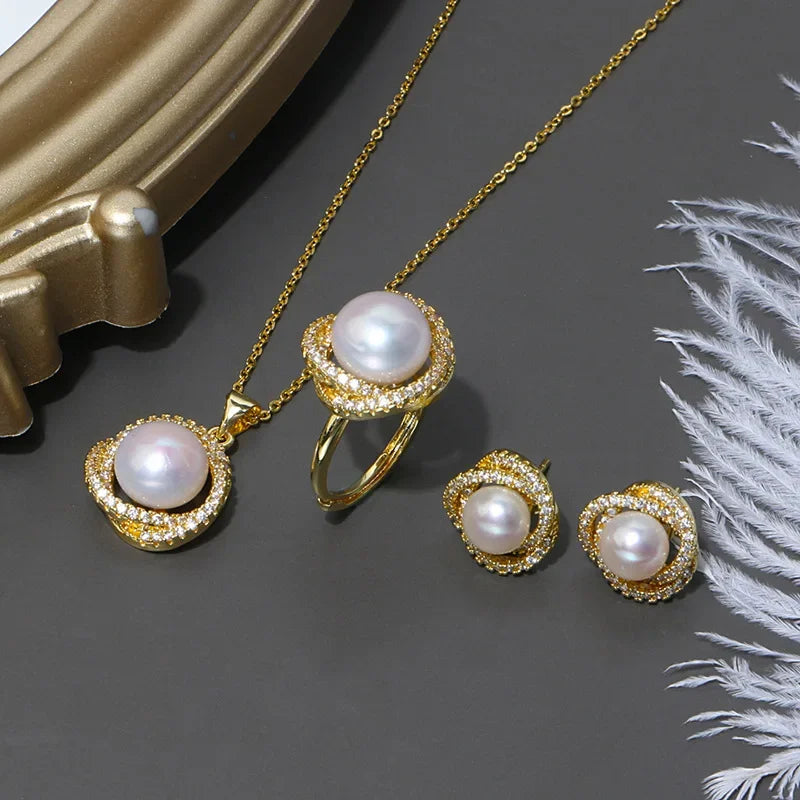 New Inlaid zircon Pearl Necklace Ring Earrings Three-piece Set for Women Stylish Daily Accessories Party Jewelry Birthday Gifts