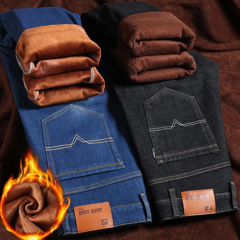 2025 Winter New Casual Men's Warm Fleece Jeans Classic Style Business Thicken Fur Regular Fit Denim Pants Brand Plush Trousers