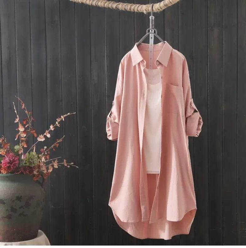 Long Shirts Lady Loose Breathable Midi Shirt and Blouse