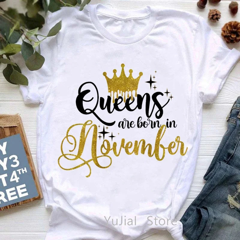 Golden Crown Queen Are Born In January To December Graphic Print T-Shirt Women'S Clothing Tshirt Femme Birthday Gift Tops