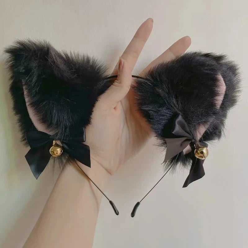 2024 Cat Wolf Fox Ears Shape Hairhoop Cosplay Costume Tail Headdress with Bell Decor Halloween Birthday Party Set for Kids