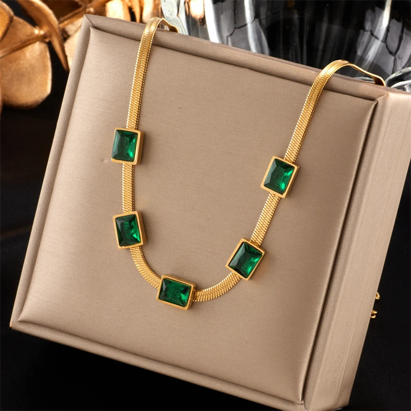 DIEYURO 316L Stainless Steel Square Luxury Green Crystal Necklace Bracelets For Women Girl Fashion Non-fading Jewelry Set Bijoux