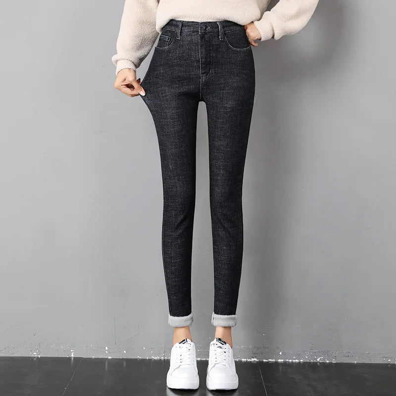 Thermal Jeans Winter Snow Warm Plush Stretch Jeans Lady Skinny Thicken Fleece Denim Long Pants Retro Pencil Trousers