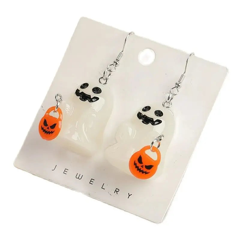 1Pair Halloween Woman Dangle Earrings Resin Glow In Dark 3D Ghost With Corn Candy Pumpkin For Girl Birthday Gift