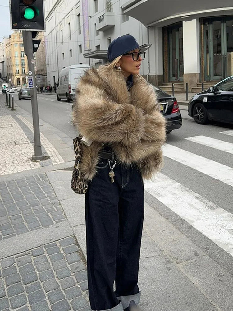 Female Furry Faux Fur Coat Chic Oversize Lapel Long Sleeves Thicken Outwear 2024