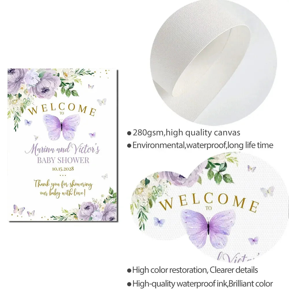 Custom Purple Lavender Butterfly Baby Shower Welcome Sign Poster Gender Reveal Canvas Art Print Birthday Wall Picture Decor