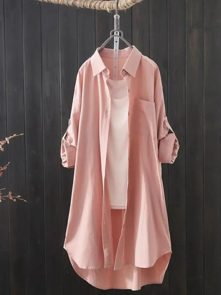 Long Shirts Lady Loose Breathable Midi Shirt and Blouse