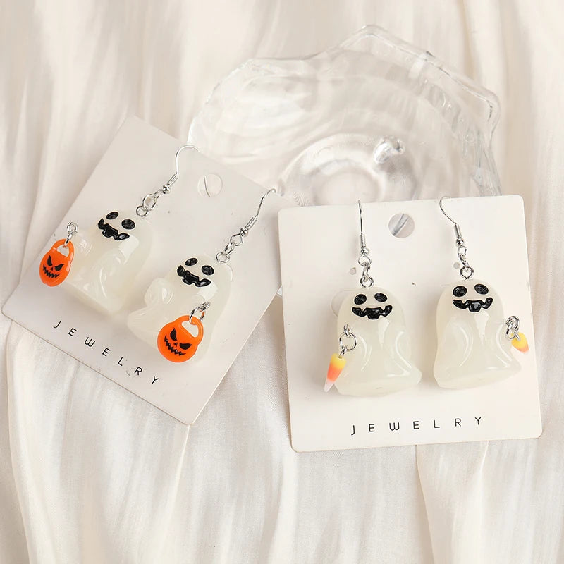 1Pair Halloween Woman Dangle Earrings Resin Glow In Dark 3D Ghost With Corn Candy Pumpkin For Girl Birthday Gift