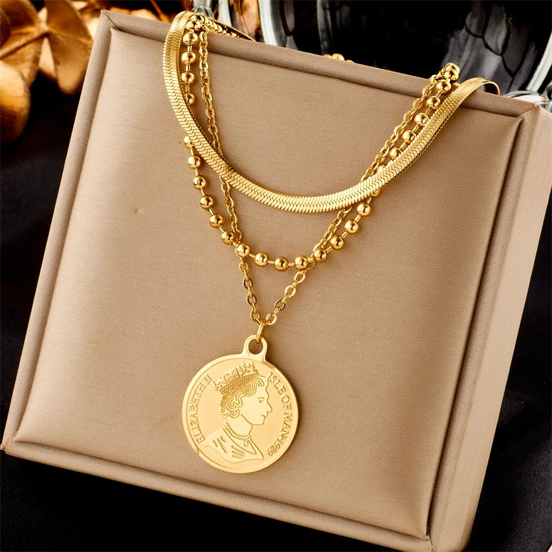 DIEYURO 316L Stainless Steel Gold Color Hip Hop Round Portrait Coin Necklace For Women Men Fashion Trend Girl Jewelry Gift Joyas