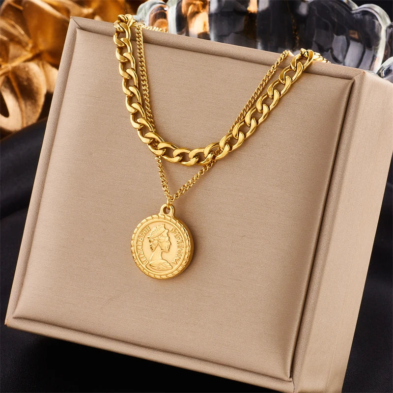 DIEYURO 316L Stainless Steel Gold Color Hip Hop Round Portrait Coin Necklace For Women Men Fashion Trend Girl Jewelry Gift Joyas