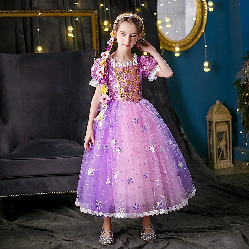 Children Halloween Costume Little Girls Rapunzel Costume Sequins Purple Dress Kids Princess Cosplay Dress 3 4 5 6 7 8 9 10 Years