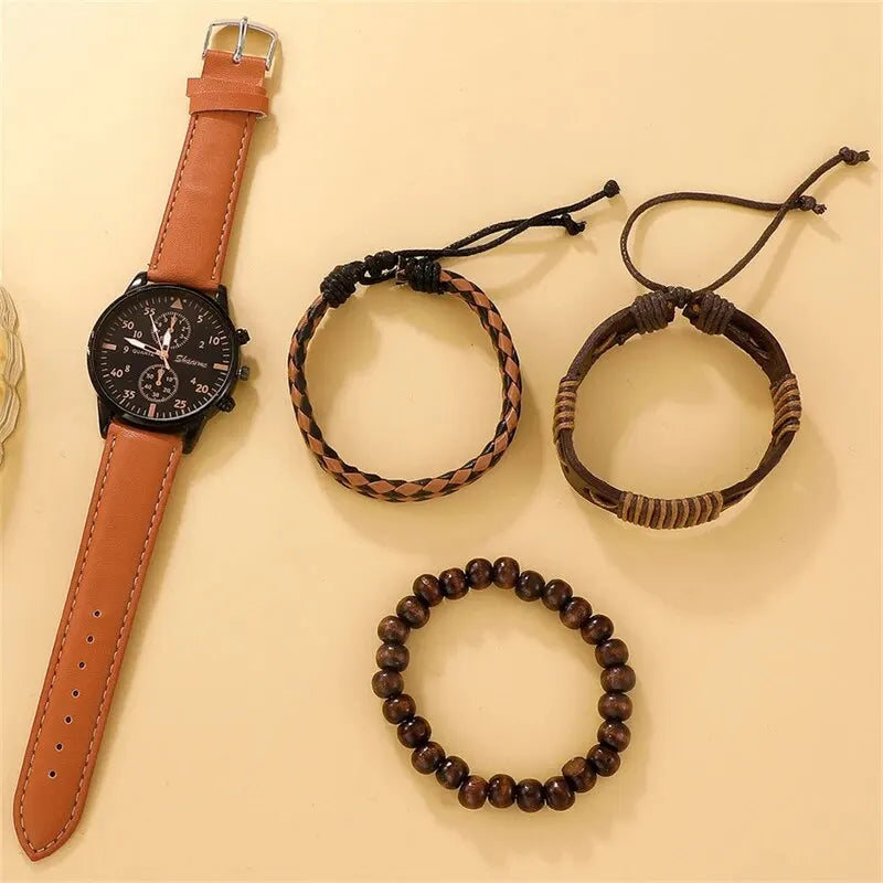 Luxury Men's Watch & Bracelet Set - Brown Leather Quartz Wristwatch with Gift Box