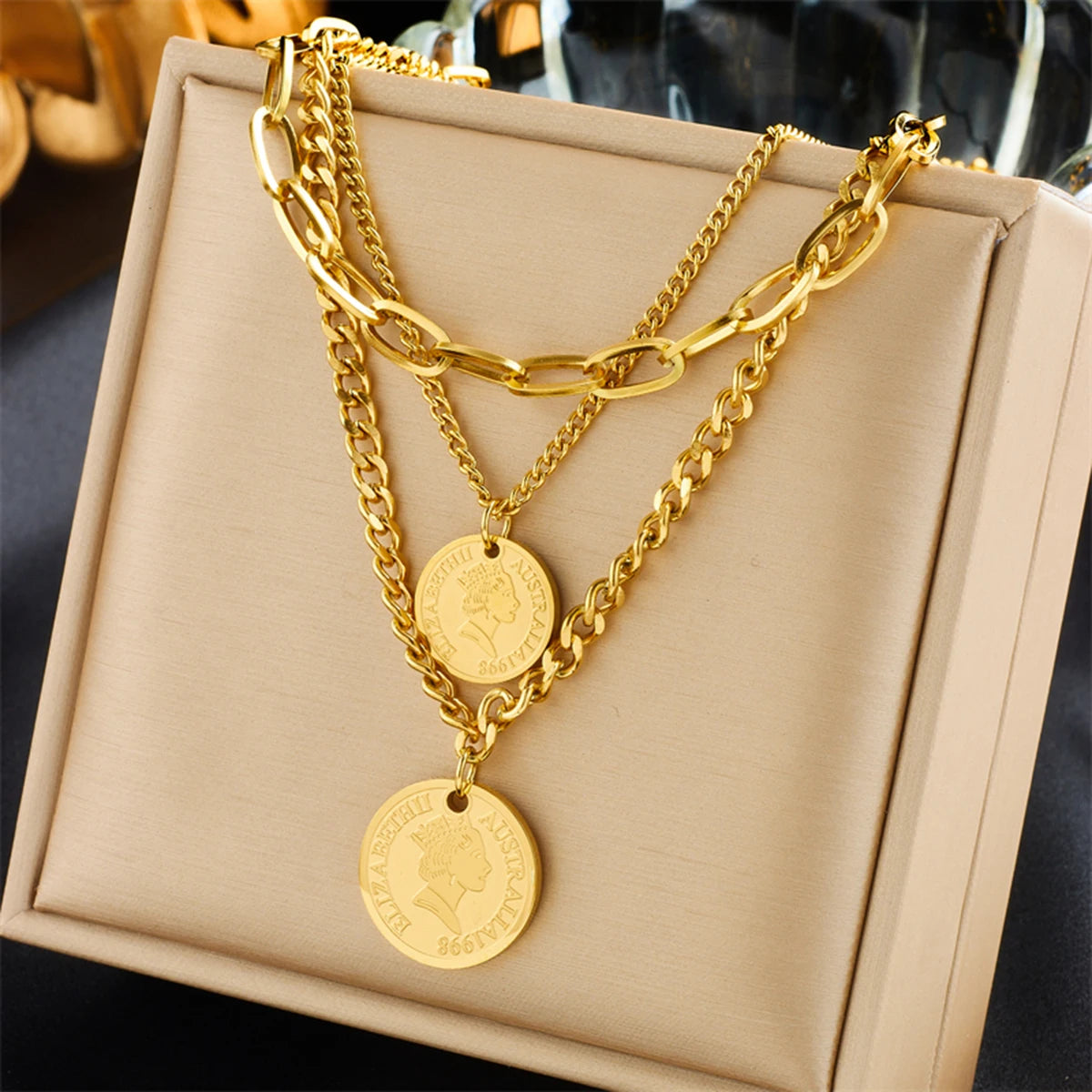 DIEYURO 316L Stainless Steel Gold Color Hip Hop Round Portrait Coin Necklace For Women Men Fashion Trend Girl Jewelry Gift Joyas