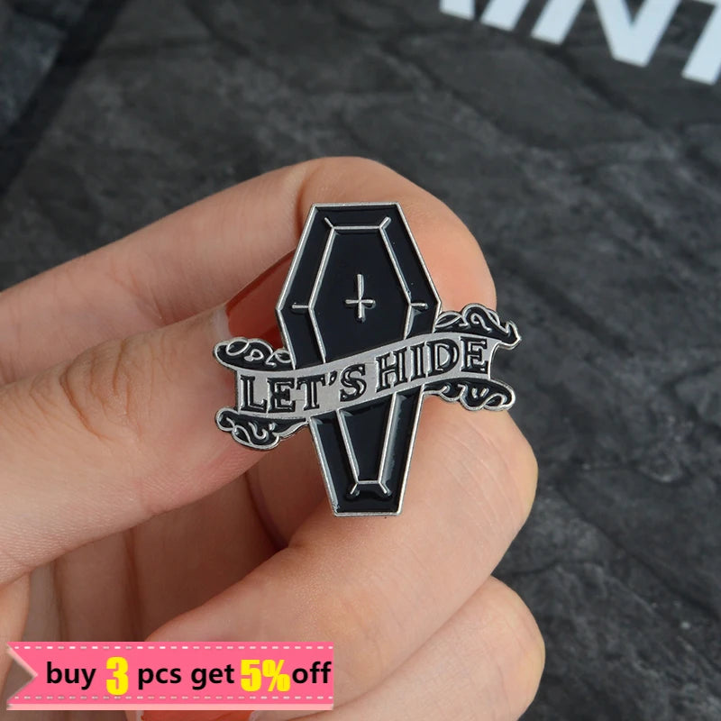 Let's Hide Enamel Pin Badge Custom Stay In Coffin Brooch Lapel Jeans Shirt Dark Halloween Skeleton Jewelry Gift Friend Wholesale