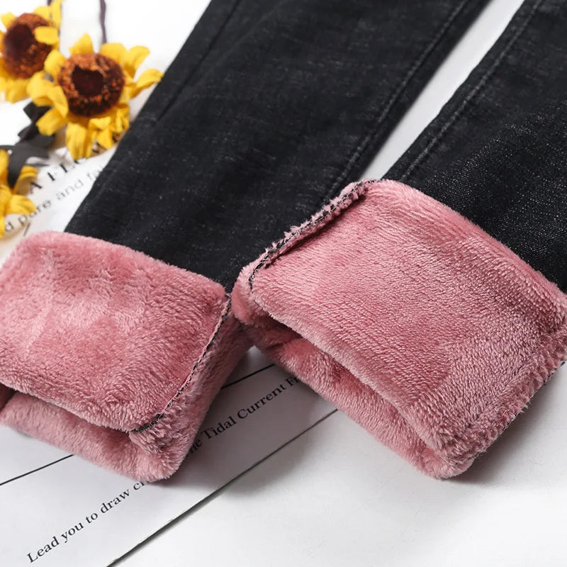 Thermal Jeans Winter Snow Warm Plush Stretch Jeans Lady Skinny Thicken Fleece Denim Long Pants Retro Pencil Trousers