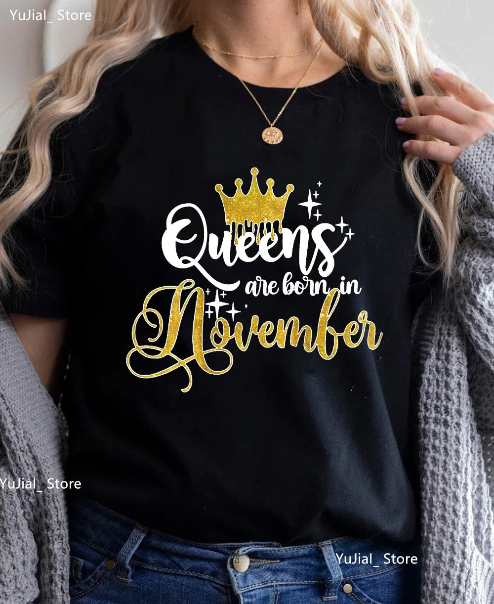 Golden Crown Queen Are Born In January To December Graphic Print T-Shirt Women'S Clothing Tshirt Femme Birthday Gift Tops