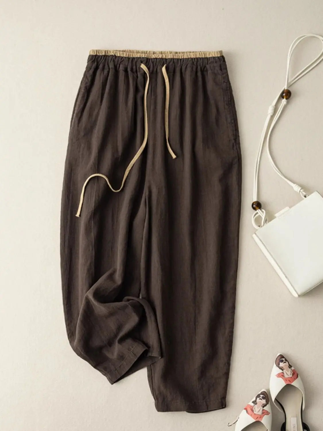 Summer Retro Cotton Linen Loose Harem Pants Elastic Casual Pants Wide-leg Ankle-Length Pants