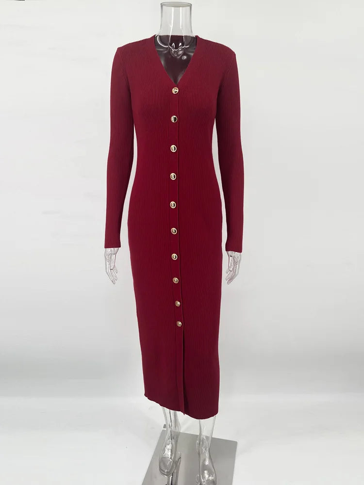 V-Neck Knit Long Dress