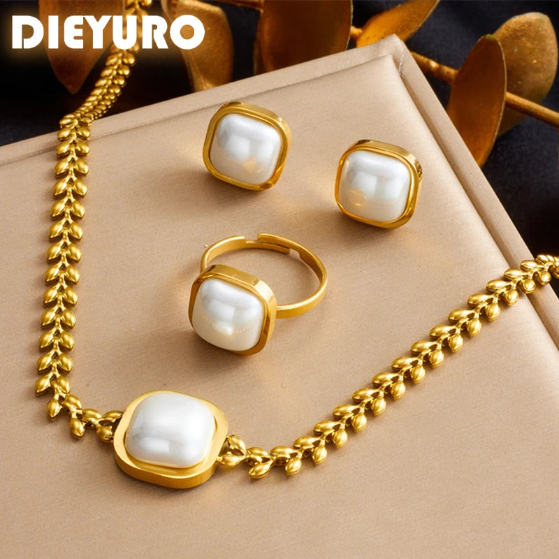 DIEYURO 316L Stainless Steel Square Large Pearl Necklace Earrings Ring For Women Girl New Party Gift Fashion Jewelry Set Bijoux