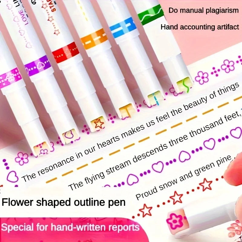 6Pcs/Set Kawaii Flower Line Shape Highlighter Pen Roller Tip Curve Liner Marker Kawaii Korean Stationery School Office Supplies