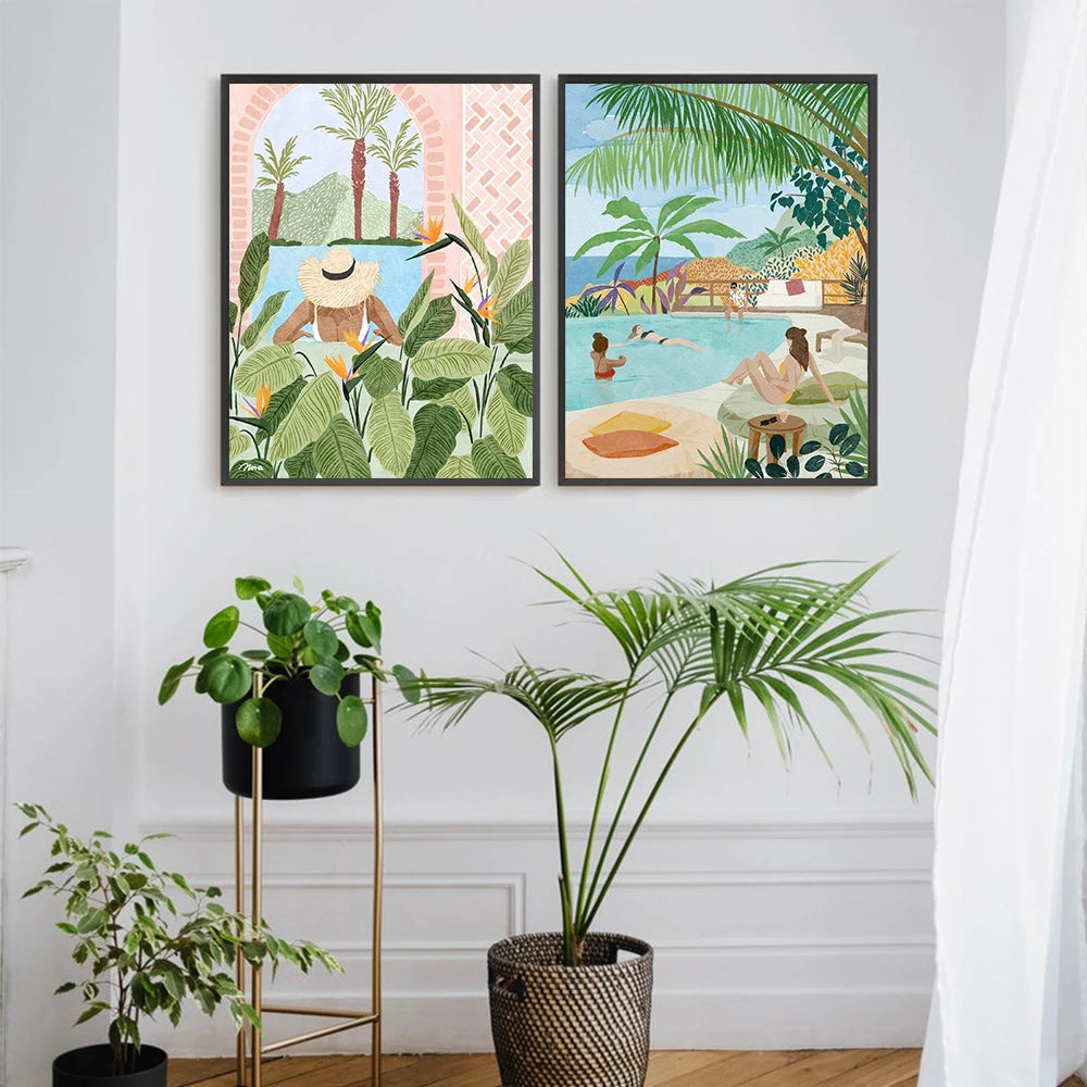 Green House Plant Flowers Canvas Painting Prints Floral and women Posters Boho Wall Art Pictures Nordic Living Room Home Decor