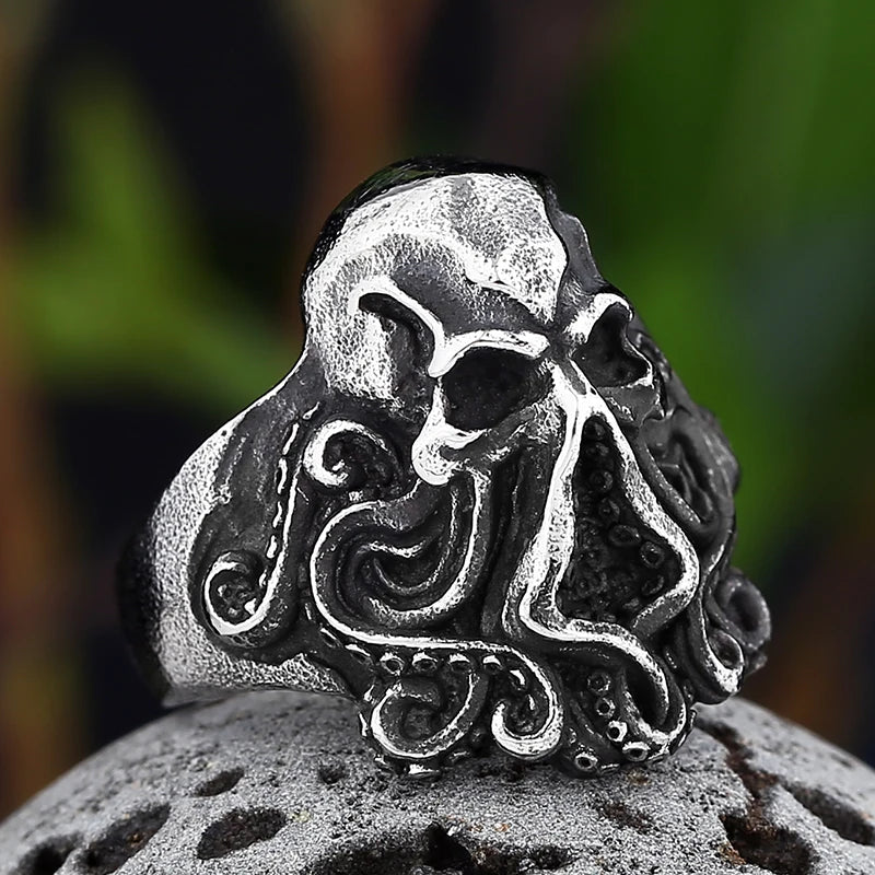 2024 New Christmas Charm Halloween Octopus Skull Punk Stainless Steel Seaman Rings Men Anel Puck Jewelry Halloween Gift