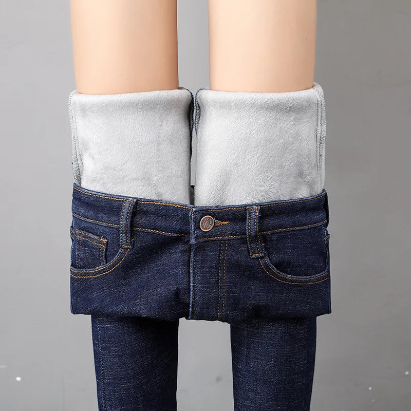 Thermal Jeans Winter Snow Warm Plush Stretch Jeans Lady Skinny Thicken Fleece Denim Long Pants Retro Pencil Trousers