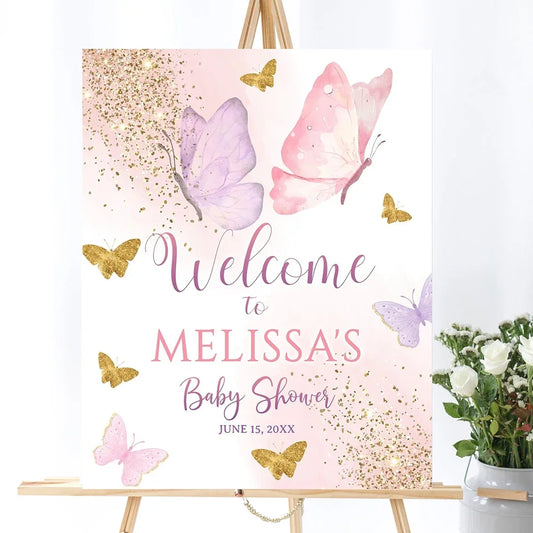 Custom Pink Gold Butterfly Baby Shower Welcome Sign Poster Purple Birthday Personalized Art Print Kids Wall Picture Party Decor