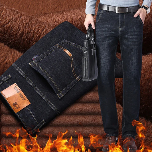 Winter Men's Warm Thermal Casual Stretch Cotton Thick Fleece Blue Denim Pants Male Brand Trousers