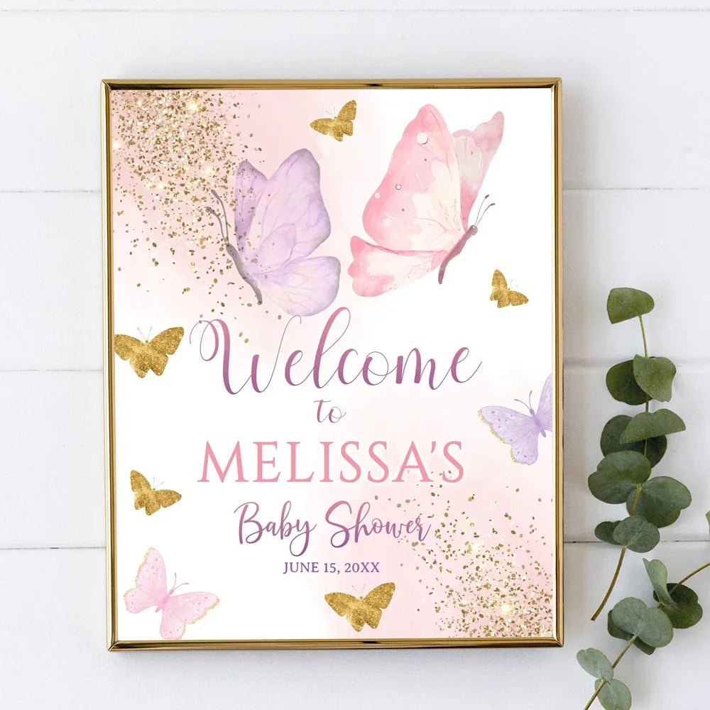 Custom Pink Gold Butterfly Baby Shower Welcome Sign Poster Purple Birthday Personalized Art Print Kids Wall Picture Party Decor