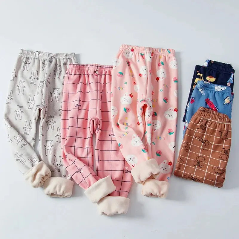 Children Autumn Winter Fleece Thickened Autumn Pants Baby Windproof Pantyhose Warm Boys Girls Cartoon Single Pants Sleep