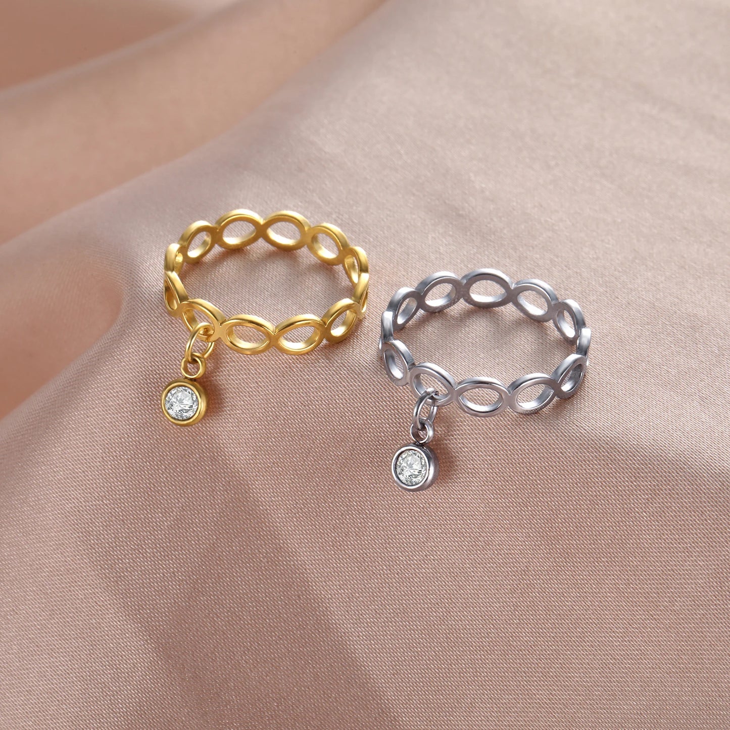 Stainless Steel Infinity & Geometric Couple Rings with Round Pendant - Engagement Jewelry Gift
