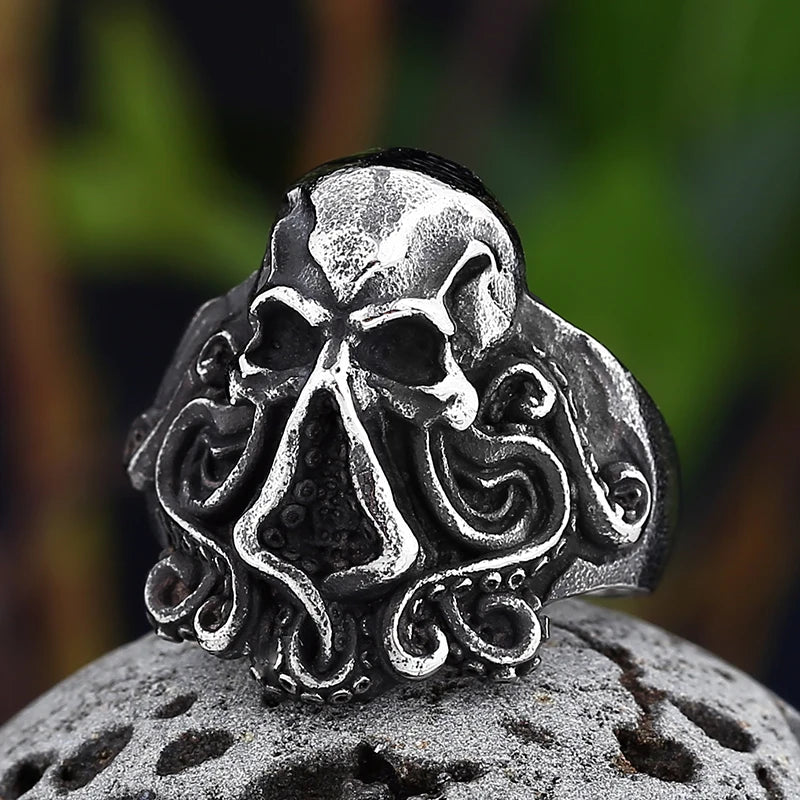 2024 New Christmas Charm Halloween Octopus Skull Punk Stainless Steel Seaman Rings Men Anel Puck Jewelry Halloween Gift