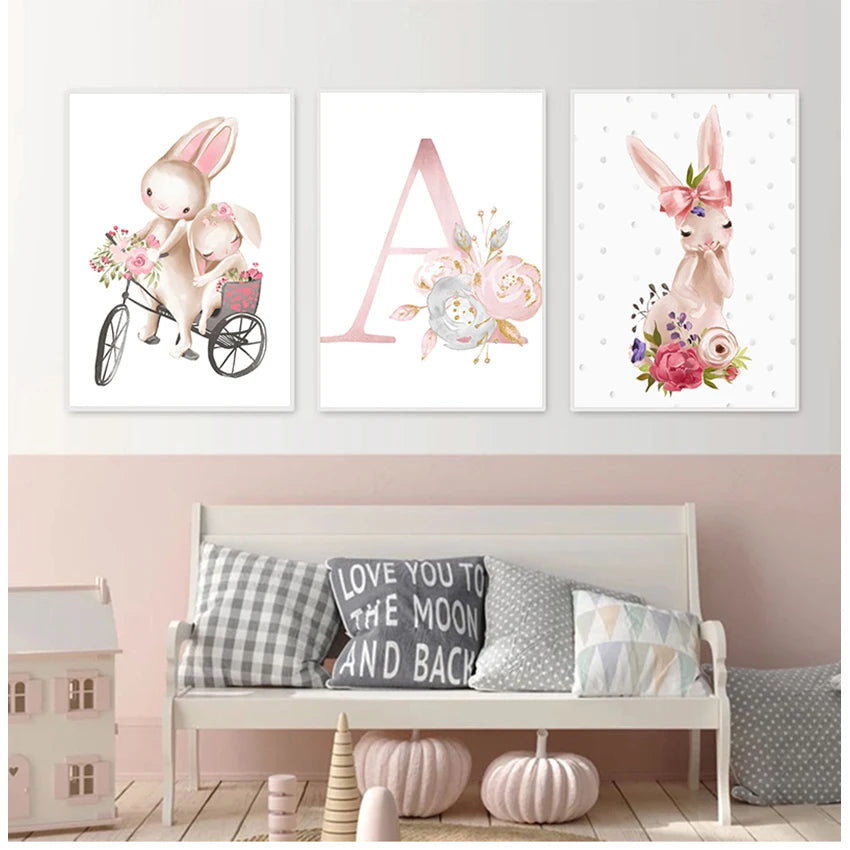 Personalized Canvas Print Wall Pictures for Kids Bedroom Decor Baby Posters Girl's Name Custom Painting Animal Poster Nursery