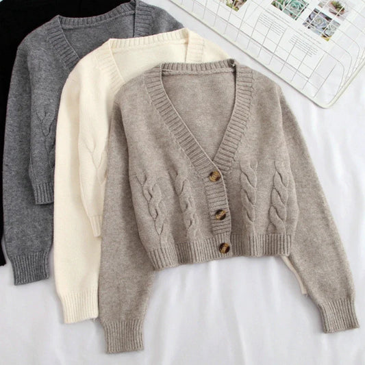 V Neck Cropped Cardigan Women Long Sleeve Twist Knitted Sweater