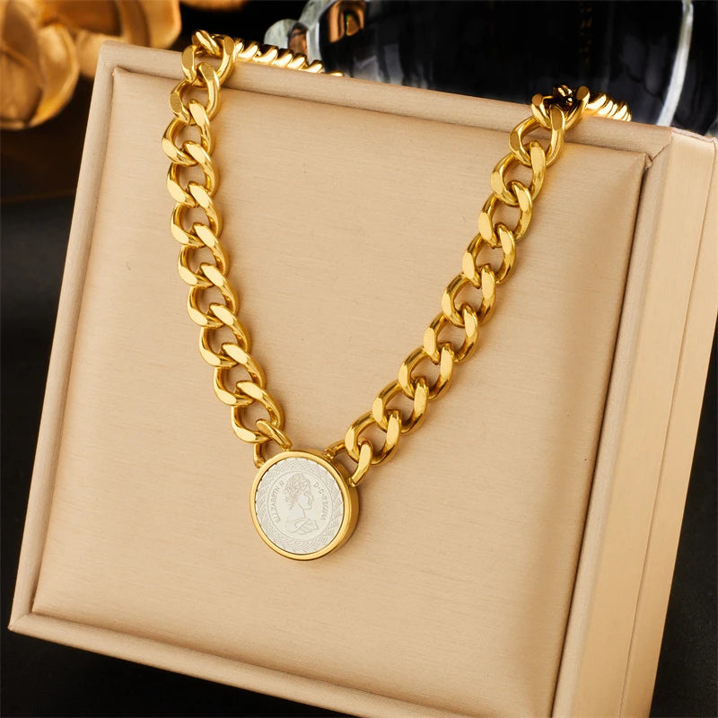 DIEYURO 316L Stainless Steel Gold Color Hip Hop Round Portrait Coin Necklace For Women Men Fashion Trend Girl Jewelry Gift Joyas