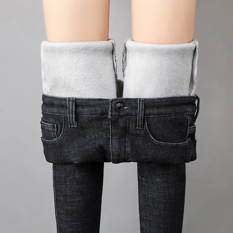 Thermal Jeans Winter Snow Warm Plush Stretch Jeans Lady Skinny Thicken Fleece Denim Long Pants Retro Pencil Trousers