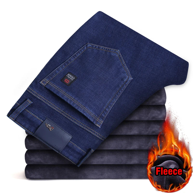 2025 Winter New Men's Warm Slim Fit Jeans Business Fashion Thicken Denim Trousers Fleece Stretch Brand Pants Black Blue